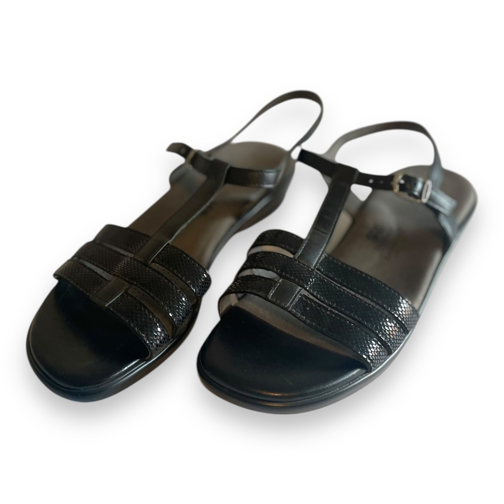 SAS Tripad Comfort Womens Black Leather T-Strap Wedge Sandals Size 10 W